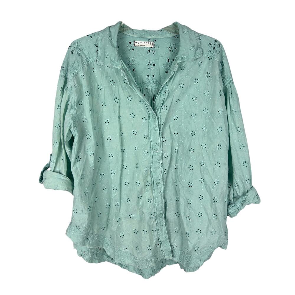 Free People We The Free Mae Washed Eyelet Shirt Faded Mint Green S - Picture 3 of 8